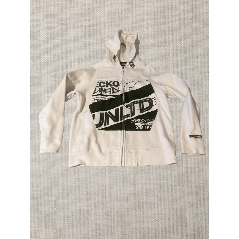 Ecko Unltd Vintage Full Zip Hoodie Sweatshirt Mens Large Ivory Streetwear - Picture 2 of 8